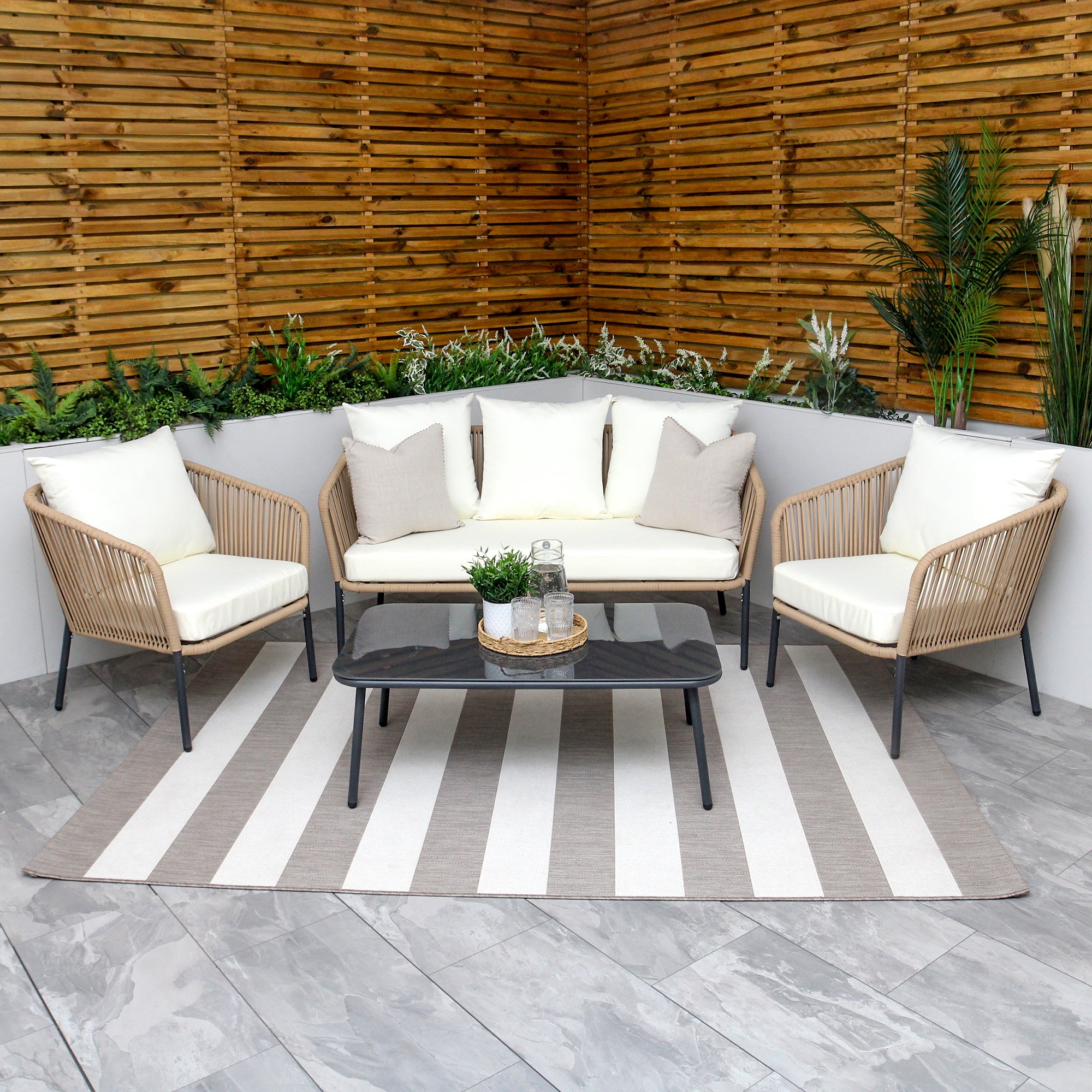 Turin Beige 5 Seater Weave Rope Aluminium Sofa Set with Cream Cushions